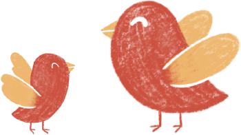 Zwei illustrierte Vögel in rot und gelb